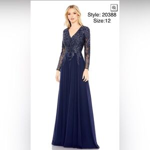 Embroidered illusion long sleeve v neck gown